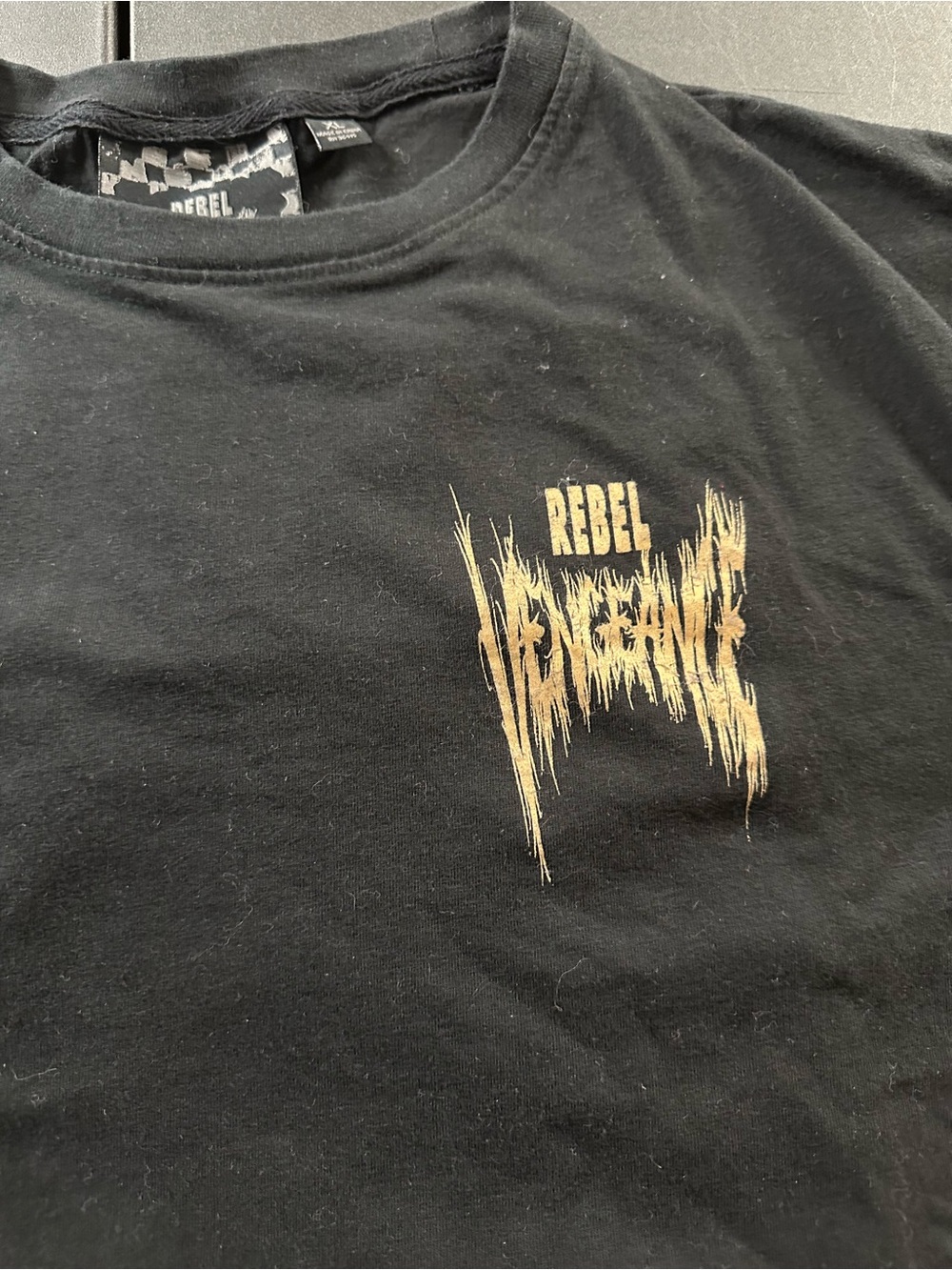 Rebel Vengeance Black Short-Sleeve Tee with Gold Distressed Logo